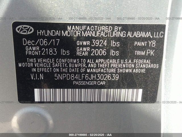 5NPD84LF6JH302639 - 2018 HYUNDAI ELANTRA SEL/VALUE/LIMITED Silver photo 9