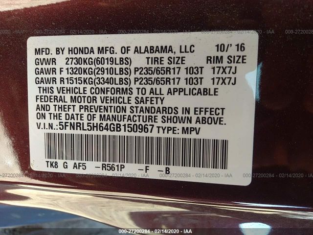 5FNRL5H64GB150967 - 2016 HONDA ODYSSEY EXL Burgundy photo 9