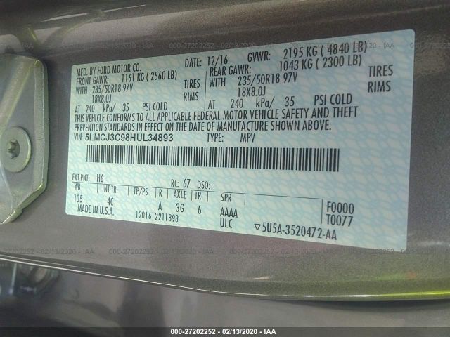 5LMCJ3C98HUL34893 - 2017 LINCOLN MKC RESERVE Gray photo 9