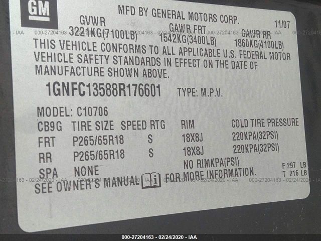 1GNFC13588R176601 - 2008 CHEVROLET TAHOE C1500 HYBRID Black photo 9