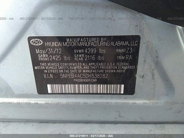 5NPEB4AC5DH538282 - 2013 HYUNDAI SONATA GLS Gray photo 9