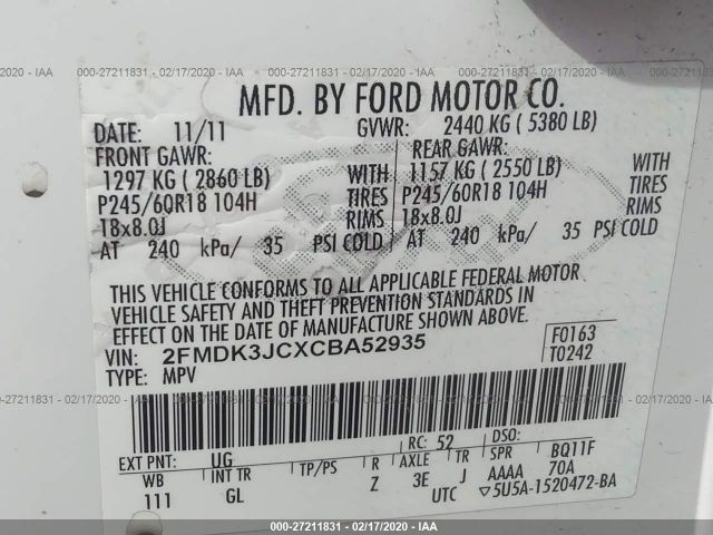 2FMDK3JCXCBA52935 - 2012 FORD EDGE SEL White photo 9