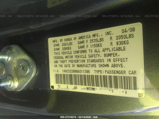 1HGCS22898A011396 - 2008 HONDA ACCORD EXL Gray photo 9