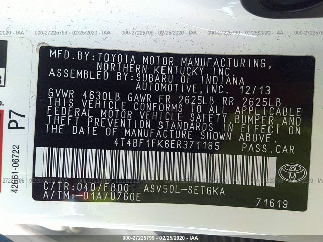 4T4BF1FK6ER371185 - 2014 TOYOTA CAMRY L/SE/LE/XLE 白色 照片 9