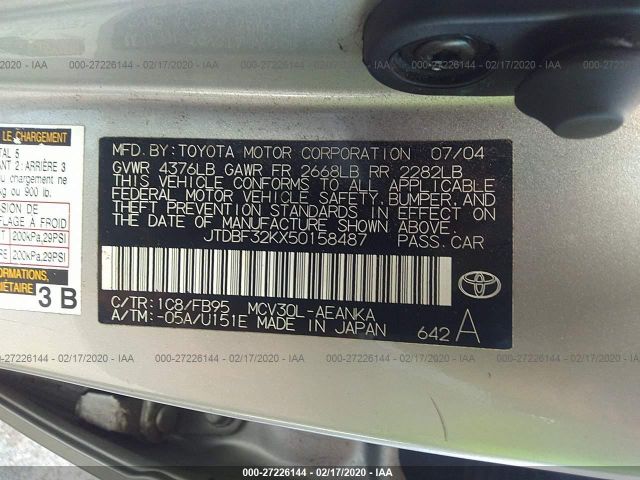 JTDBF32KX50158487 - 2005 TOYOTA CAMRY LE/XLE/SE Silver photo 9