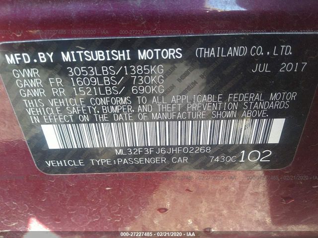 ML32F3FJ6JHF02268 - 2018 MITSUBISHI MIRAGE G4 ES Burdeos foto 9