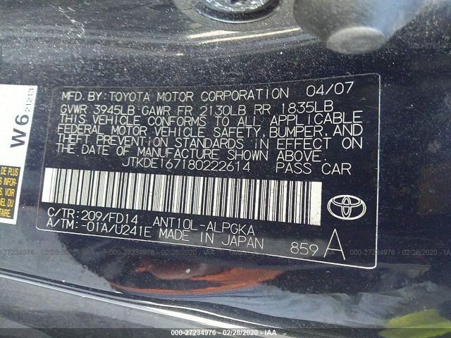 JTKDE167180222614 - 2008 TOYOTA SCION TC  Black photo 9