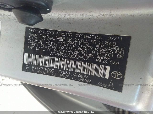 JTDKN3DUXB0325573 - 2011 TOYOTA PRIUS  Silver photo 9