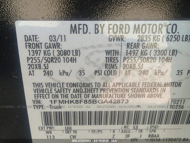 1FMHK8F85BGA42873 - 2011 FORD EXPLORER LIMITED Blue photo 9