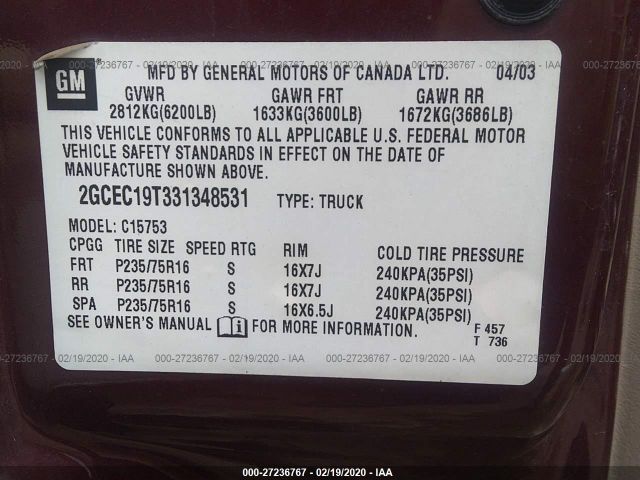 2GCEC19T331348531 - 2003 CHEVROLET SILVERADO C1500 Maroon photo 9