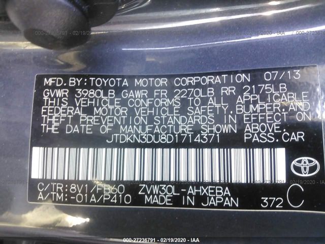 JTDKN3DU8D1714371 - 2013 TOYOTA PRIUS  Gray photo 9