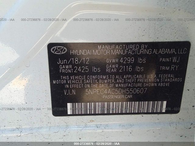 5NPEC4AC5DH550607 - 2013 HYUNDAI SONATA SE/LIMITED White photo 9