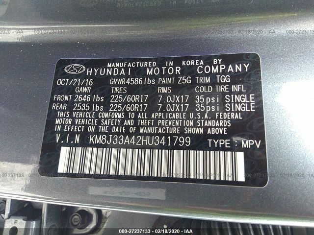 KM8J33A42HU341799 - 2017 HYUNDAI TUCSON LIMITED/SPORT AND ECO/SE Gray photo 9