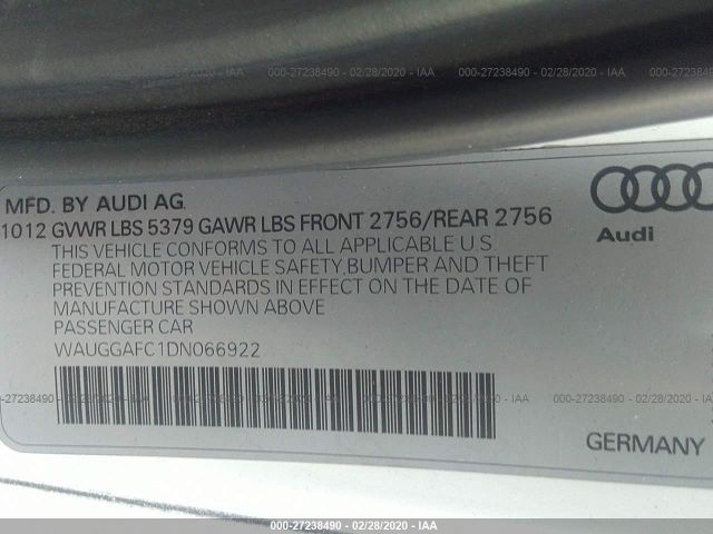 WAUGGAFC1DN066922 - 2013 AUDI A6 PREMIUM PLUS White photo 9