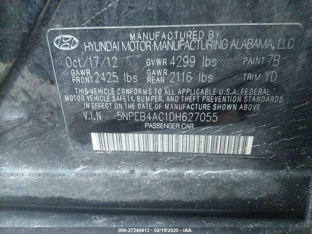 5NPEB4AC1DH627055 - 2013 HYUNDAI SONATA GLS Black photo 9