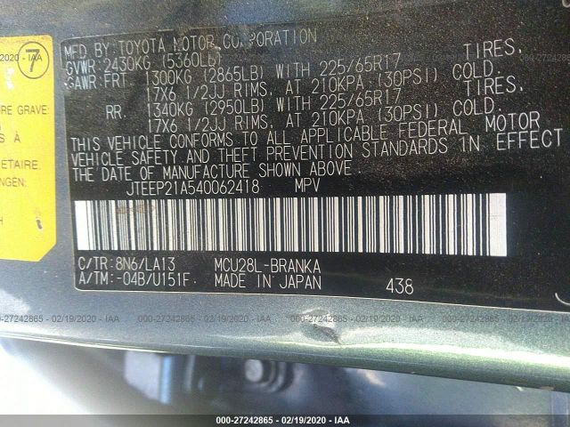 JTEEP21A540062418 - 2004 TOYOTA HIGHLANDER  Gray photo 9