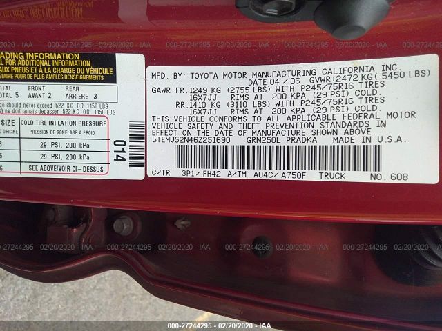 5TEMU52N46Z251690 - 2006 TOYOTA TACOMA DOUBLE CAB LONG BED Red photo 9