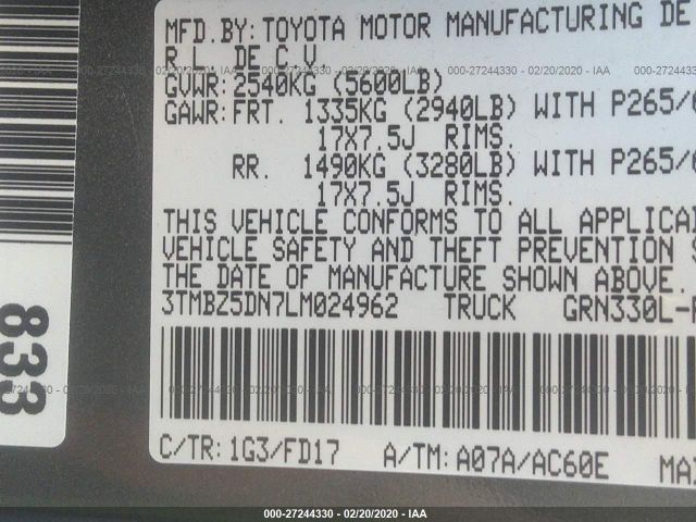 3TMBZ5DN7LM024962 - 2020 TOYOTA TACOMA DOUBLE CAB/SR5/TRD SPORT Gray photo 9