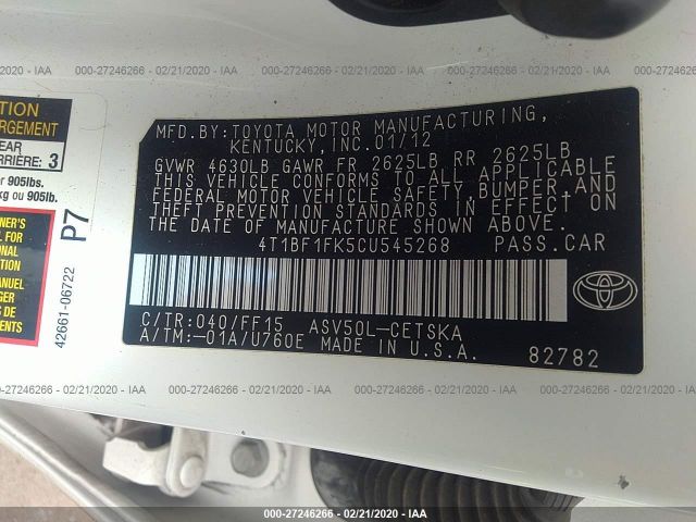 4T1BF1FK5CU545268 - 2012 TOYOTA CAMRY SE/LE/XLE White photo 9