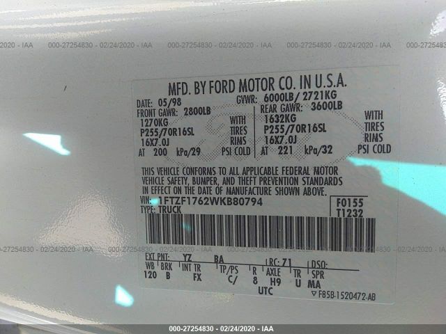 1FTZF1762WKB80794 - 1998 FORD F150  White photo 9