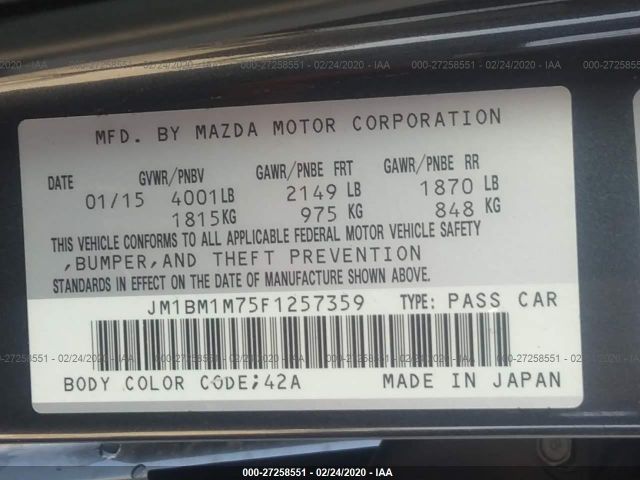 JM1BM1M75F1257359 - 2015 MAZDA 3 GRAND TOURING Gray photo 9