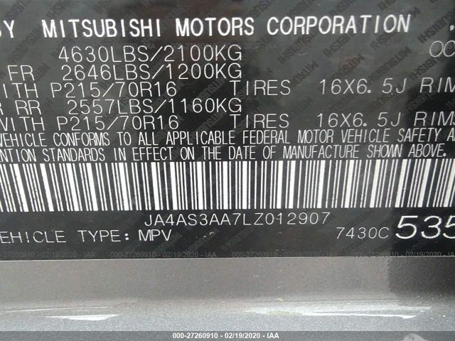 JA4AS3AA7LZ012907 - 2020 MITSUBISHI ECLIPSE CROSS ES Gray photo 9