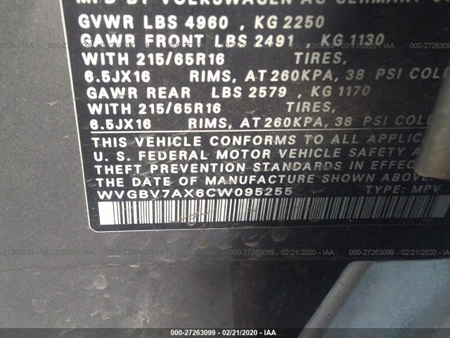 WVGBV7AX6CW095255 - 2012 VOLKSWAGEN TIGUAN S/SE/SEL Gray photo 9