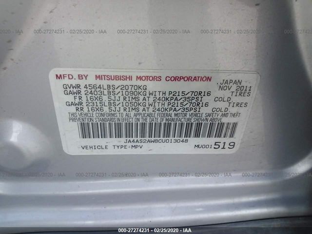 JA4AS2AW8CU013048 - 2012 MITSUBISHI OUTLANDER ES Silver photo 9