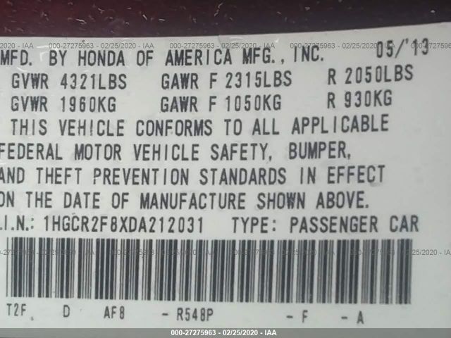 1HGCR2F8XDA212031 - 2013 HONDA ACCORD EXL Maroon photo 9