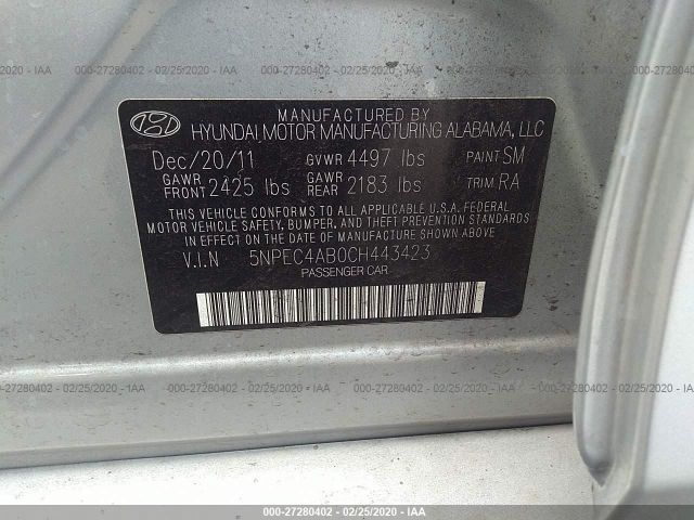 5NPEC4AB0CH443423 - 2012 HYUNDAI SONATA SE/LIMITED Silver photo 9