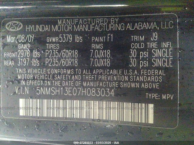 5NMSH13E07H083034 - 2007 HYUNDAI SANTA FE SE/LIMITED Black photo 9