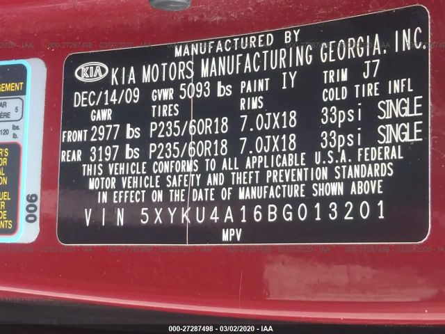 5XYKU4A16BG013201 - 2011 KIA SORENTO EX Red photo 9