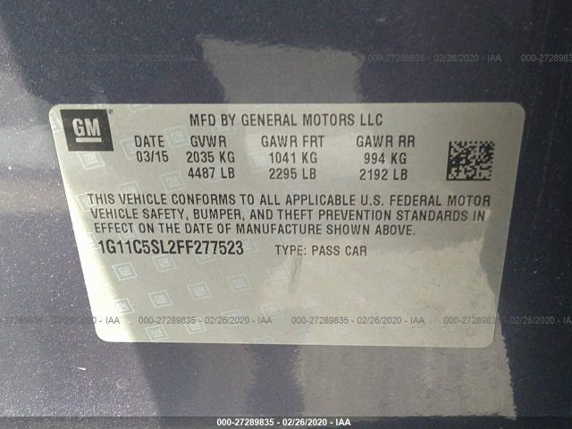 1G11C5SL2FF277523 - 2015 CHEVROLET MALIBU 1LT 蓝色 照片 9