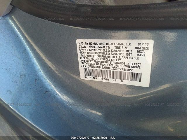 5FNRL3H48AB046220 - 2010 HONDA ODYSSEY EX Blue photo 9