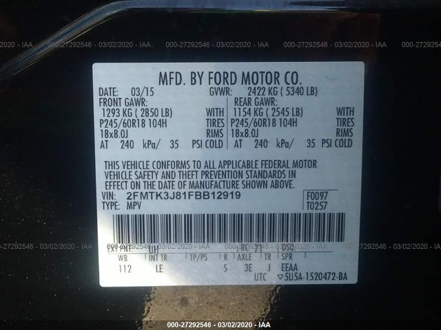 2FMTK3J81FBB12919 - 2015 FORD EDGE SEL Black photo 9