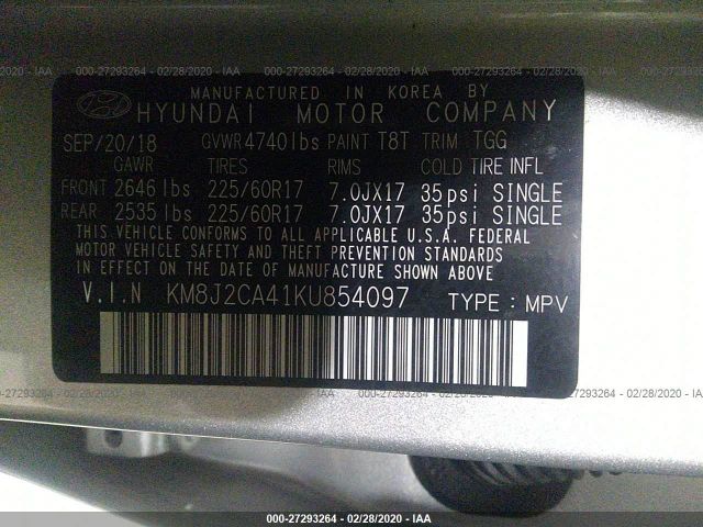 KM8J2CA41KU854097 - 2019 HYUNDAI TUCSON SE Silver photo 9