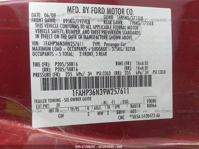 1FAHP36N39W257611 - 2009 FORD FOCUS SES Maroon photo 9