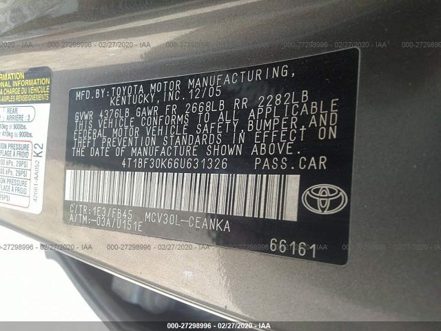 4T1BF30K66U631326 - 2006 TOYOTA CAMRY LE/XLE/SE Gray photo 9