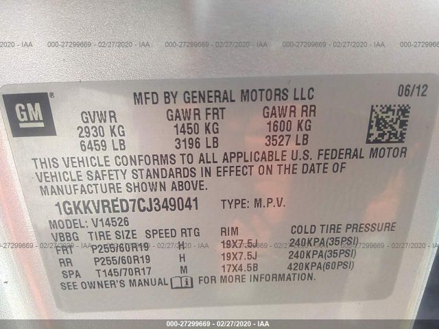 1GKKVRED7CJ349041 - 2012 GMC ACADIA SLT-1 Silver photo 9