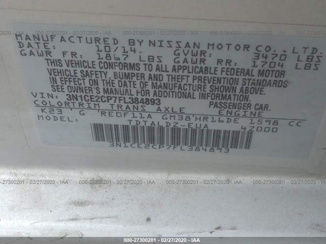 3N1CE2CP7FL384893 - 2015 NISSAN VERSA NOTE S/S PLUS/SV/SL/SR Silver photo 9