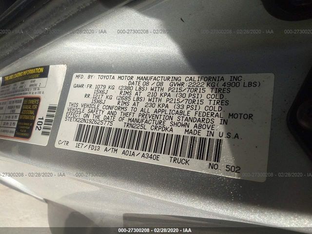 5TETX22N19Z625775 - 2009 TOYOTA TACOMA ACCESS CAB ვერცხლისფერი ფოტო 9