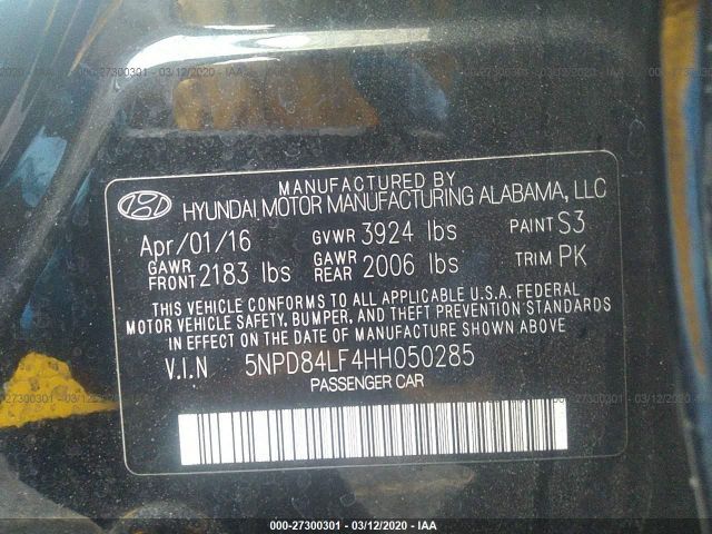 5NPD84LF4HH050285 - 2017 HYUNDAI ELANTRA SE/VALUE/LIMITED Black photo 9