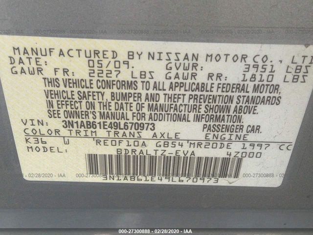 3N1AB61E49L670973 - 2009 NISSAN SENTRA 2.0/2.0S/2.0SL Silver photo 9