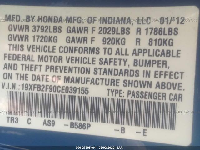 19XFB2F90CE039155 - 2012 HONDA CIVIC EXL Mavi foto 9