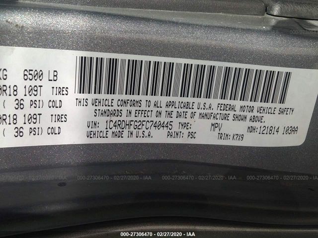 1C4RDHFG2FC740445 - 2015 DODGE DURANGO SSV Gray photo 9