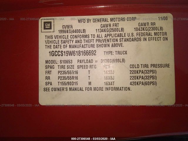 1GCCS19W618166692 - 2001 CHEVROLET S TRUCK S10 Red photo 9