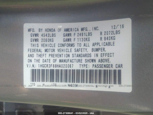 1HGCR3F88HA020067 - 2017 HONDA ACCORD EXL Silver photo 9