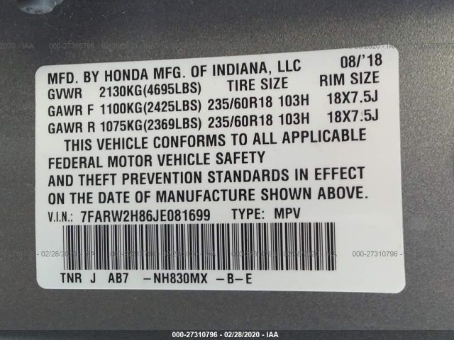 7FARW2H86JE081699 - 2018 HONDA CR-V EXL Silver photo 9