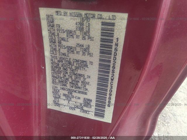 1N6DD26S2WC309886 - 1998 NISSAN FRONTIER KING CAB XE/KING CAB SE Burgundy photo 9