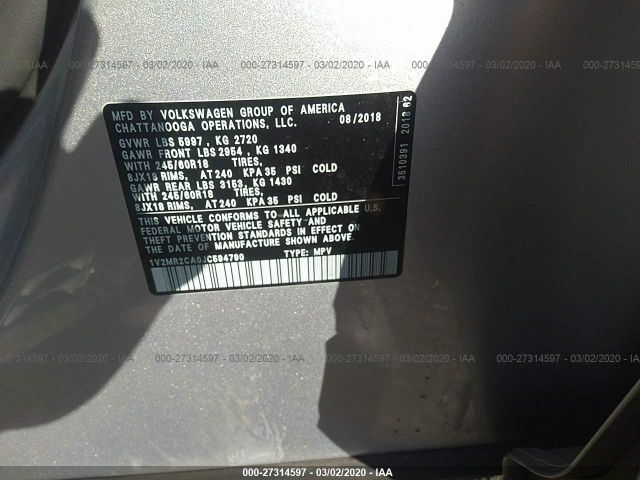 1V2MR2CA0JC594790 - 2018 VOLKSWAGEN ATLAS SEL Gümüş foto 9